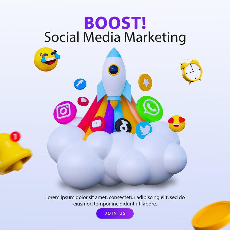 PSD social media marketingsjabloon met 3d-cartoon illustratie raket