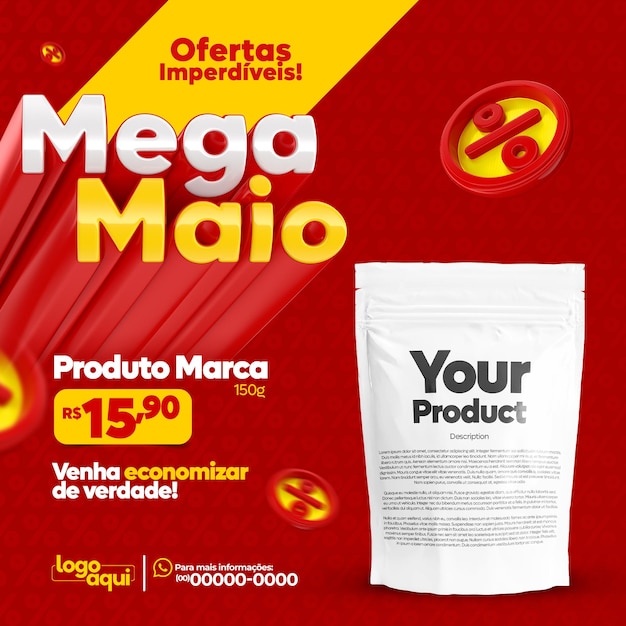 Social media mega may-promotie in portugese 3d-weergave voor marketingcampagne in brazilië