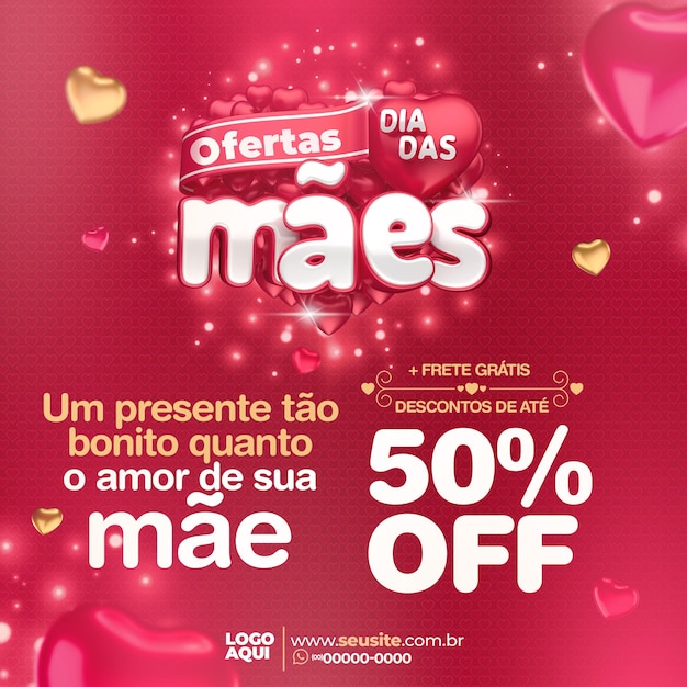 Social media mother's offer in portuguese 3d render for marketing campaign in brazil