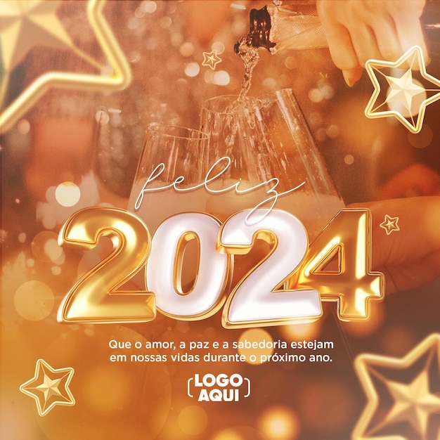 PSD social media new year in portuguese 3d render template for marketing campaign in brazil