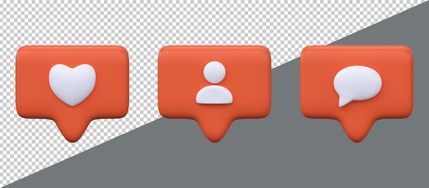 Social media notification icon Follow comment like icon 3d render