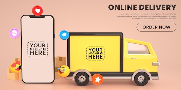 PSD social media online bezorgservice per vrachtwagen op app mobiele telefoon en pakketdoos mockup
