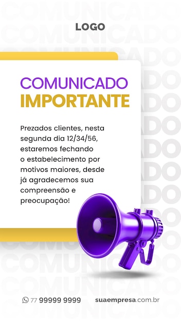 PSD social media para avisos e comunicados roxo e amarelo for notices and releases purple and yellow