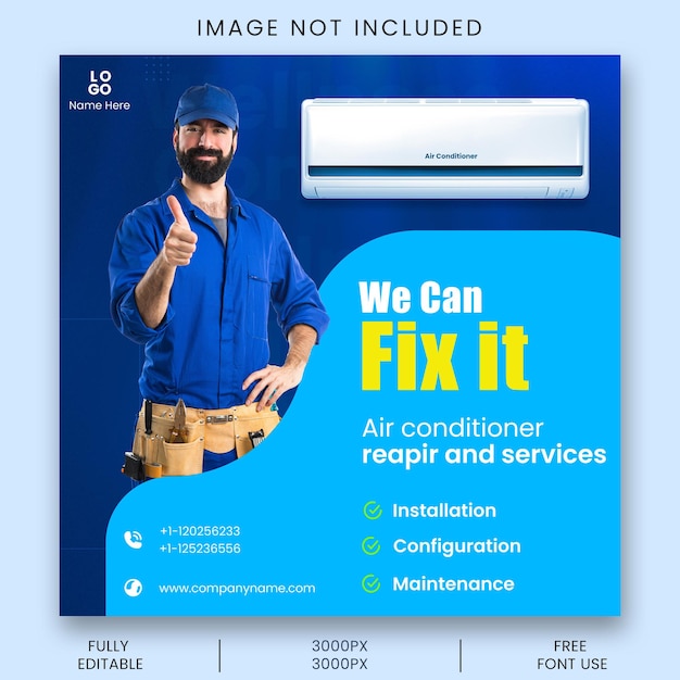 PSD social media post for air conditioner fixing and servicing with feature listing