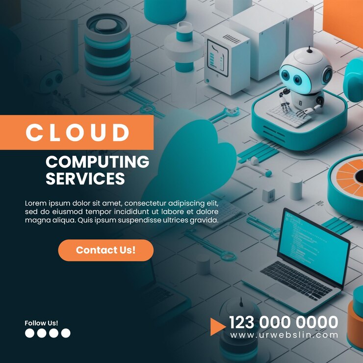 PSD social media post banner for cloud computing concept with robots and devices on white background