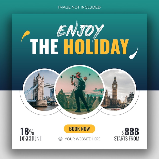 여행 휴가 휴가를 위한 소셜 미디어 게시물 배너 또는 정사각형 전단지 디자인 템플릿