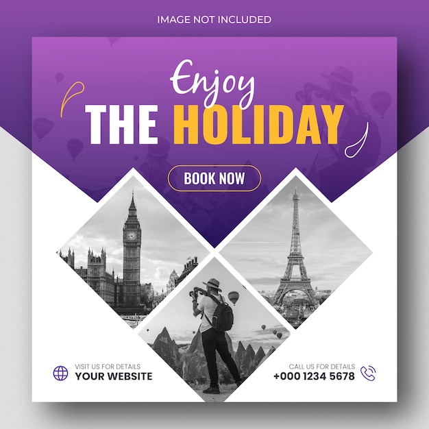 Social media post banner or square flyer design template for travel holiday vacation