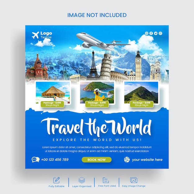 Social media post banner voor reisbureau en toerisme instagram post sjabloon ontwerp