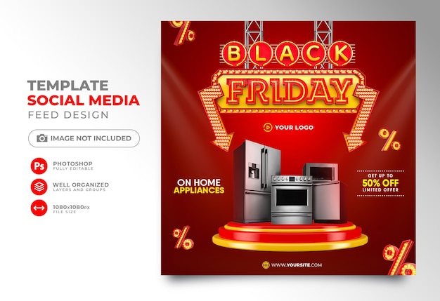 PSD ソーシャルメディアは、マーケティングキャンペーンのためのブラックフライデー3dレンダリングテンプレートデザインを投稿します
