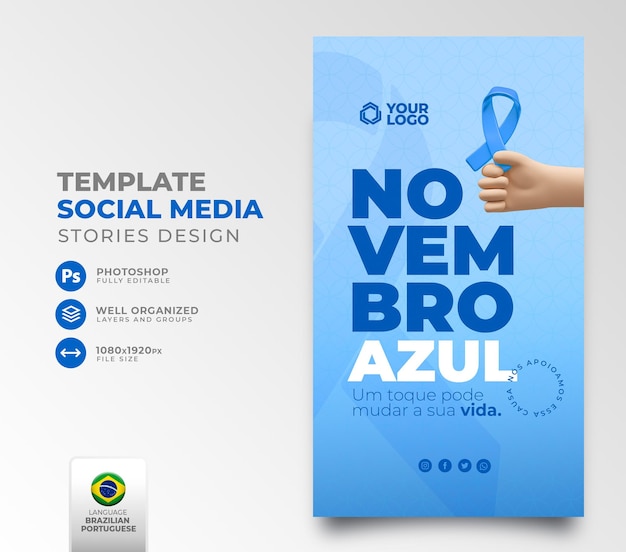 Post sui social media per la campagna Blue November in rendering 3d in portoghese brasiliano