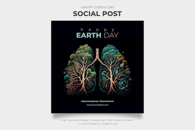 PSD social media post of earth day illustration of forest human lungs