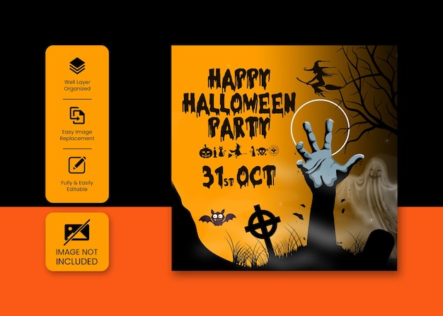 Social media-post en flyer-sjabloon voor halloween-kostuumfeest