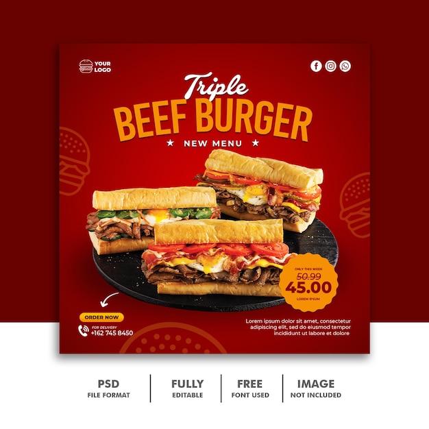 Social media post fastfood per banner modello di hamburger del ristorante