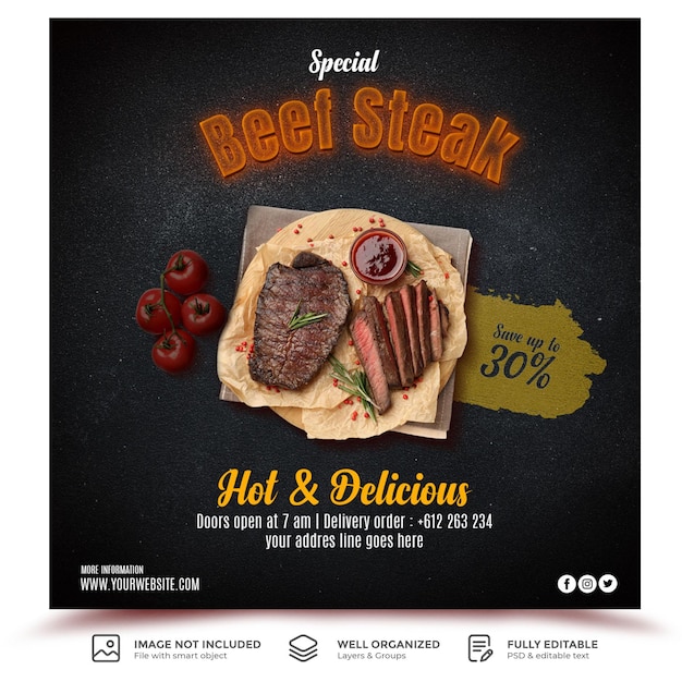 Social media post food for restaurant steak template banner