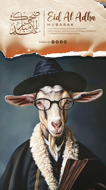 PSD social media post for the eid aladha holiday with the background of a goat dressed as a jewish