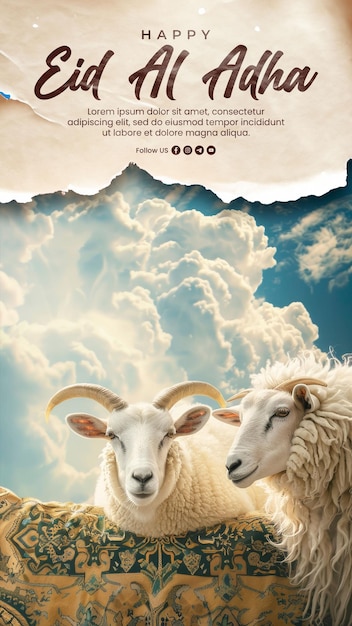 イスラム教の背景で雲と一緒にヤギと羊と一緒に幸せなeid aladhaをソーシャルメディアで投稿します