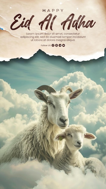 PSD social media post happy eid aladha with goat and sheep on islamic background with clouds