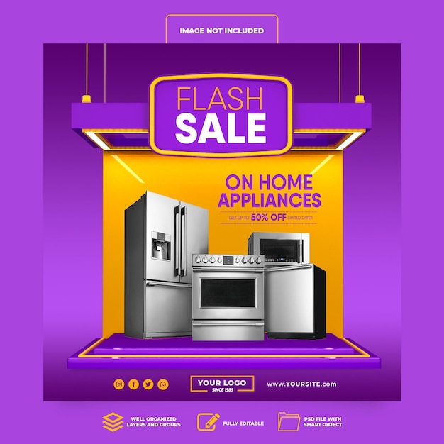 Social media post instagram flash sale up to 50 percent on home appliances 3d render