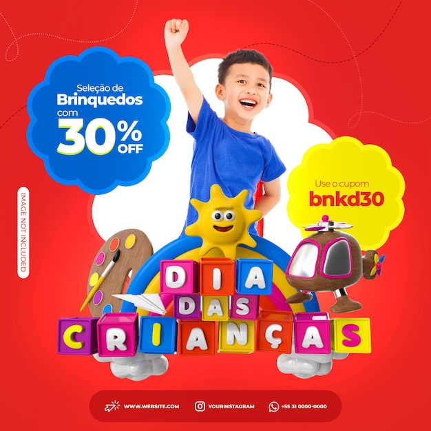 Social media post instagram voor kinderdag brazilië 3d stempel voor compositie