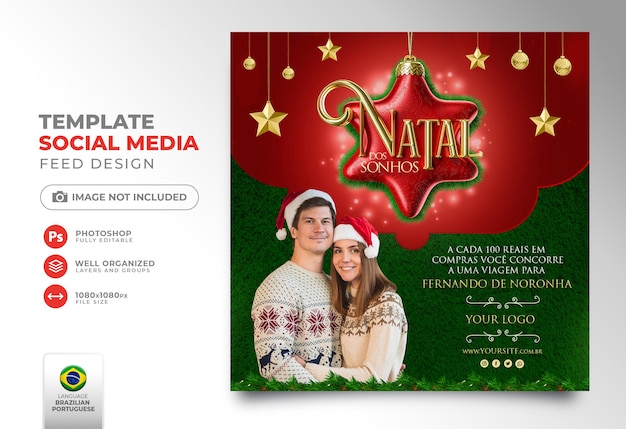 PSD social media post merry christmas in portuguese 3d render for marketing campaign in brazil