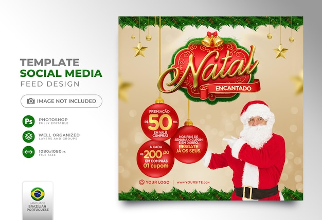 Social media post buon natale in portoghese 3d render per la campagna di marketing in brasile