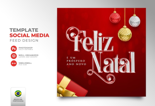 Social media post buon natale in portoghese 3d render per la campagna di marketing in brasile