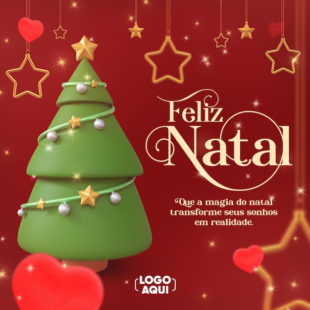 Social media post merry christmas in portoghese render 3d per campagna di marketing in brasile.