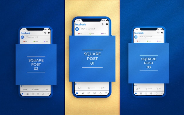 PSD social media post mockup met facebook-interface en 3d teruggegeven telefoon
