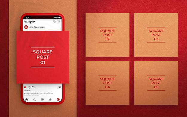 Social media post mockup met instagram-interface en 3d-gerenderde telefoon