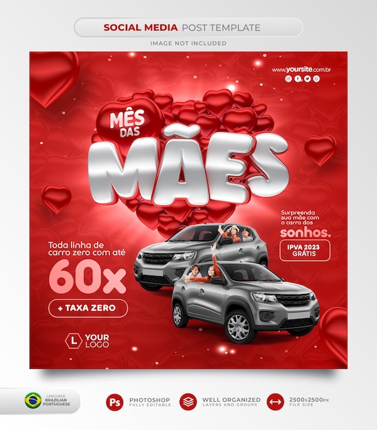 Social media post mother's month offers in 3d render for a car shop in brazilian portuguese