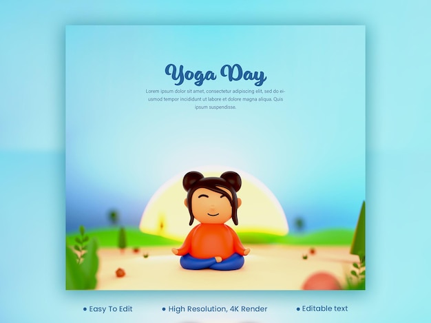 Сообщение или шаблон в социальных сетях с 3d-молодой девушкой, медитирующей на размытом синем фоне природы к международному дню йоги