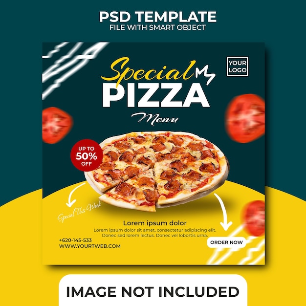 PSD modello di banner quadrato per menu pizza post sui social media per ristorante o cibo delizioso