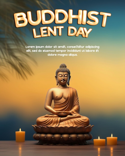 PSD Плакат в социальных сетях, приветствующий буддийский день поста на фоне статуи будды