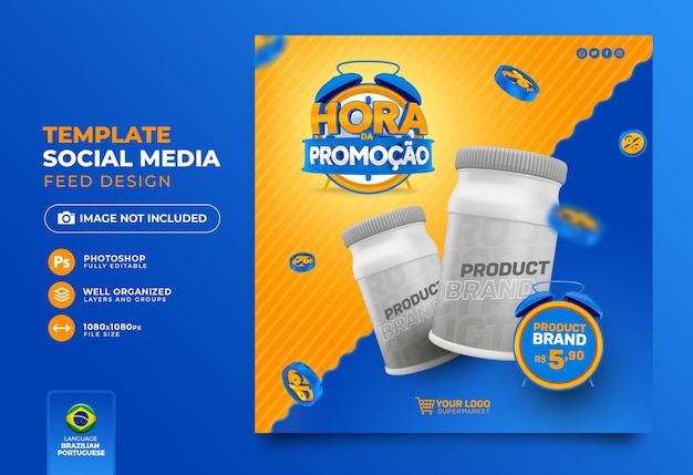 Social media post promotion time 3d render in brazil template design in portuguese