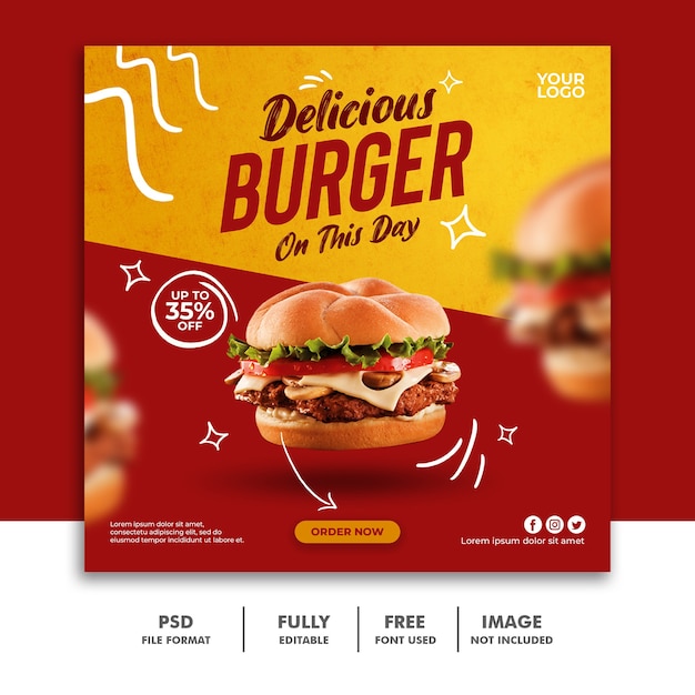 Modello di banner quadrato post social media per hamburger speciale menu fastfood ristorante