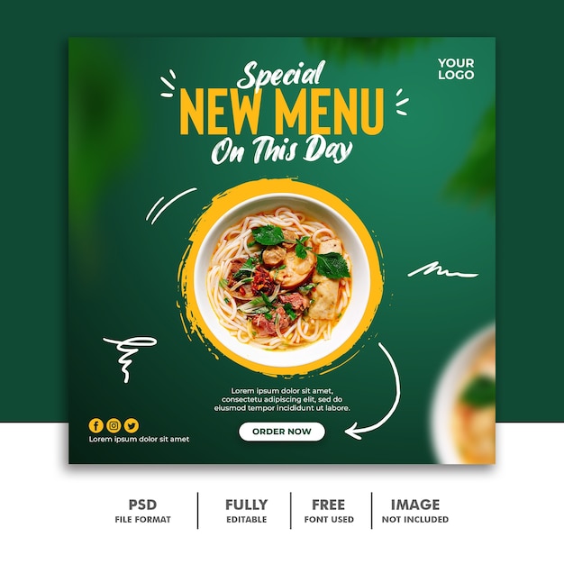 Modello di banner quadrato post social media per menu di cibo del ristorante speciale