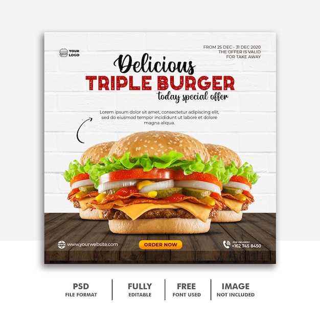 Social media post template banner for restaurant fastfood menu burger