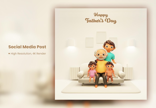 Social media post or template design 3d young man standing behind his father and kids sit on sofa