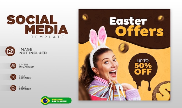 PSD social media post template of easter offers in portuguese for brazilian campaing