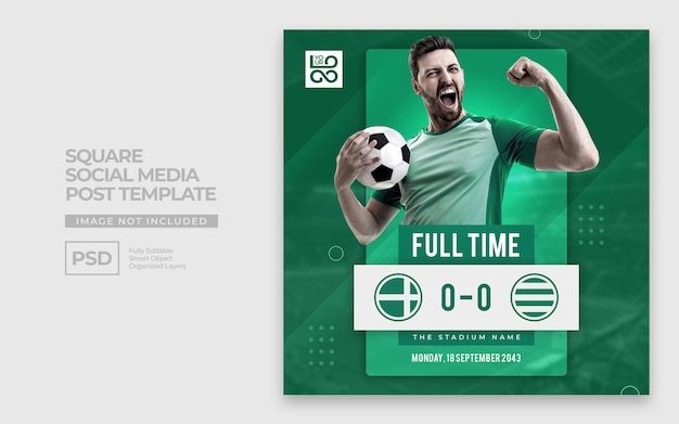 소셜 미디어 포스트 템플릿 축구 최종 점수 크리에이티브 컨셉 프리미엄