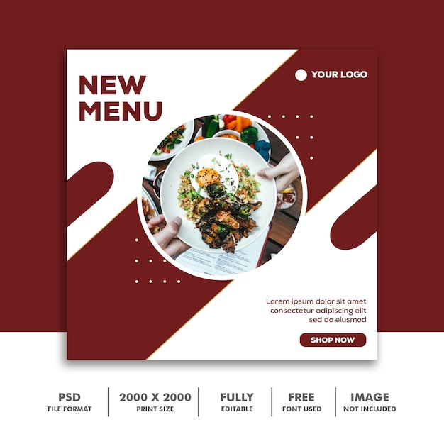 Instagram, Restaurant Food Clean Elegant Modern New Menu의 소셜 미디어 포스트 템플릿 사각형 배너