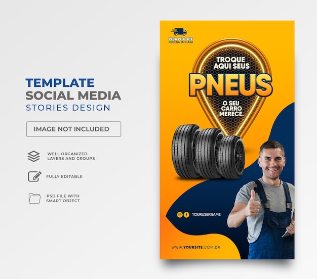 PSD social media post for tire shop in 3d render for marketing campaign in brazil