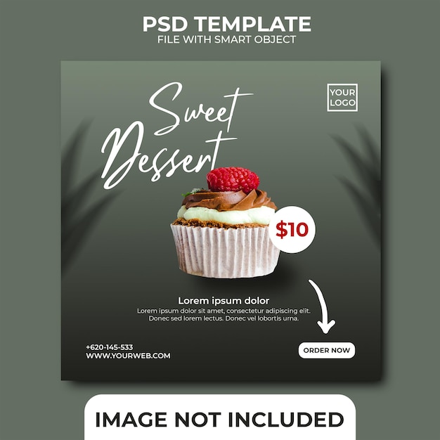 PSD modello di banner quadrato per cupcake di san valentino sui social media per ristorante o cibo delizioso