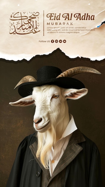 Social media post voor de eid aladha vakantie met de achtergrond van een geit gekleed als een joodse