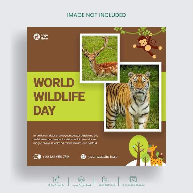 PSD social media post voor world wildlife day en vierkante flyer of webbanner sjabloonontwerp
