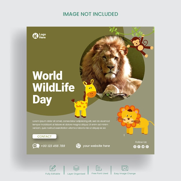 PSD post sui social media per la giornata mondiale della fauna selvatica e volantino quadrato o design del modello di banner web