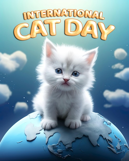 PSD social media poster greeting international cat day with cat background