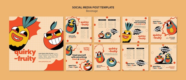 PSD social media posts beverage characters design template