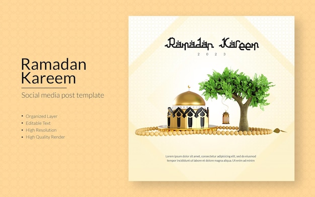 PSD social media postsjabloon voor ramadan kareem met een boom en een moskee bovenaan