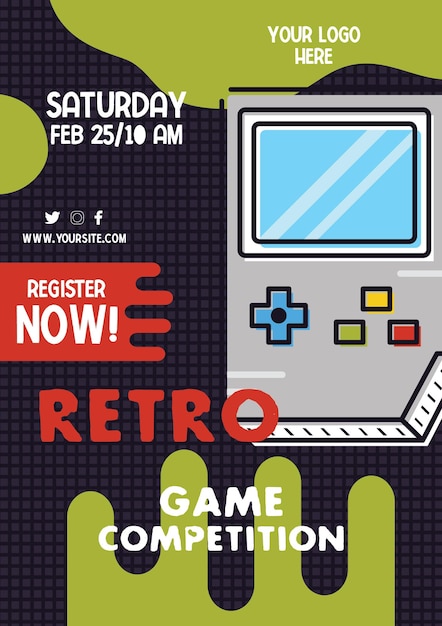 Modello di volantino per giochi retrò sui social media con console vintage. concorso di gioco per la campagna di marketing